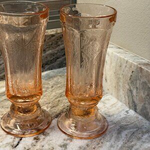 Vintage Indiana Glass Pink Hurricane Vases, Set of 2 Recollection Madrid Pattern
